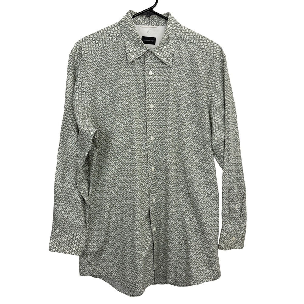 Ermenegildo Zegna Shirt Mens Large Green White Geometric Print Button Front